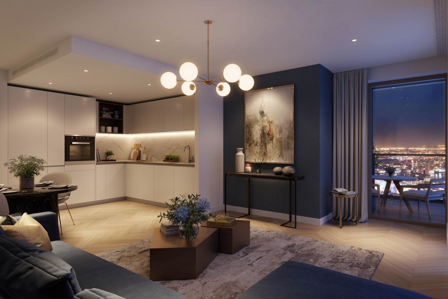 Living room and open kitchen inside an apartment at One Thames Quay