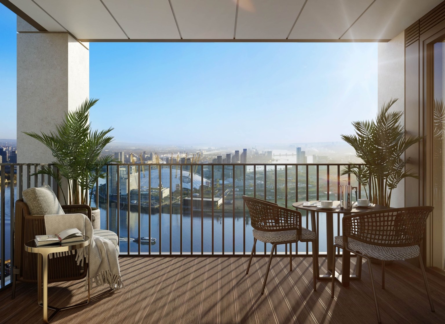 A view of the River Thames and Canary Wharf from an apartment balcony at One Thames Quay