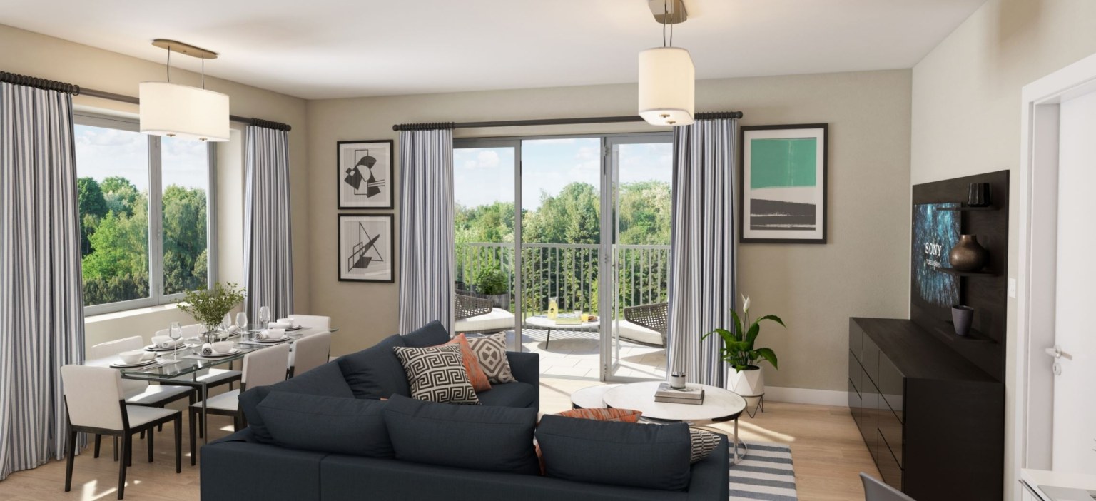 A living and dining area opening onto the balcony at Springfield Place, Tooting