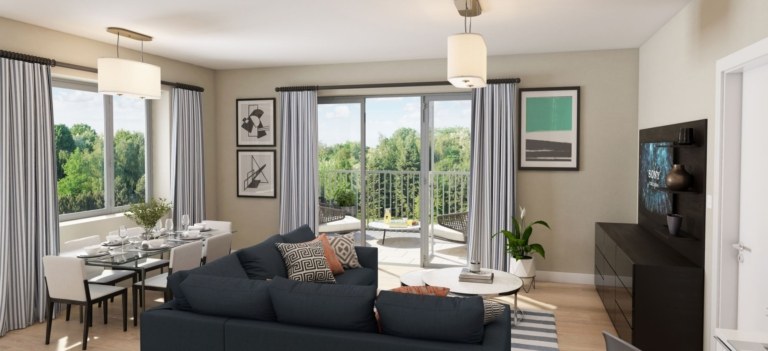 Springfield Place Tooting projesinde balkona açılan salon ve yemek alanı