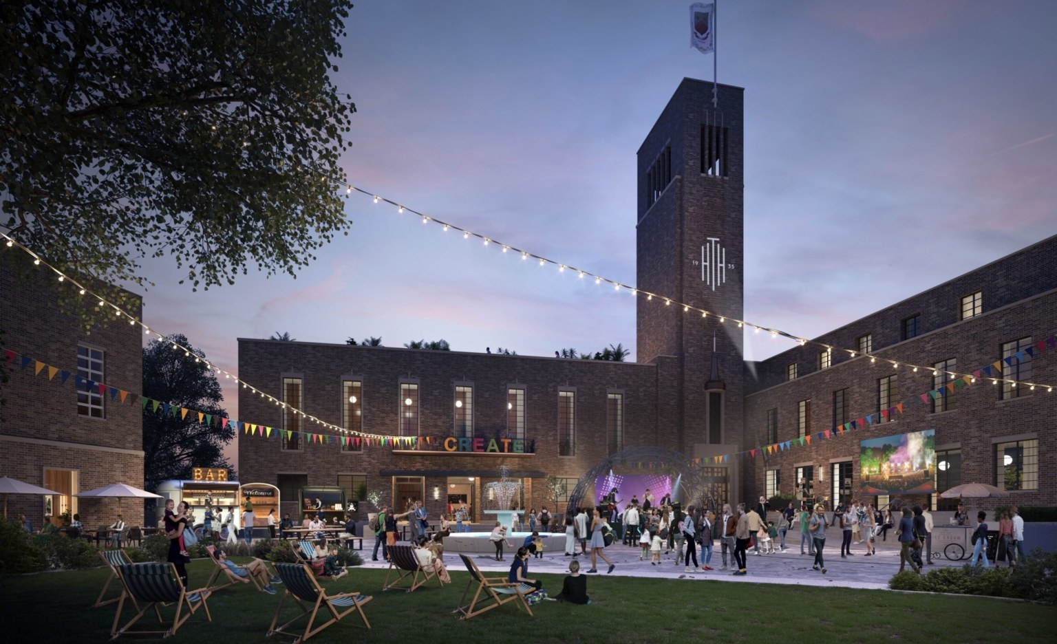 The Art Deco building, clock tower and event space in the square at Hornsey Town Hall, late afternoon