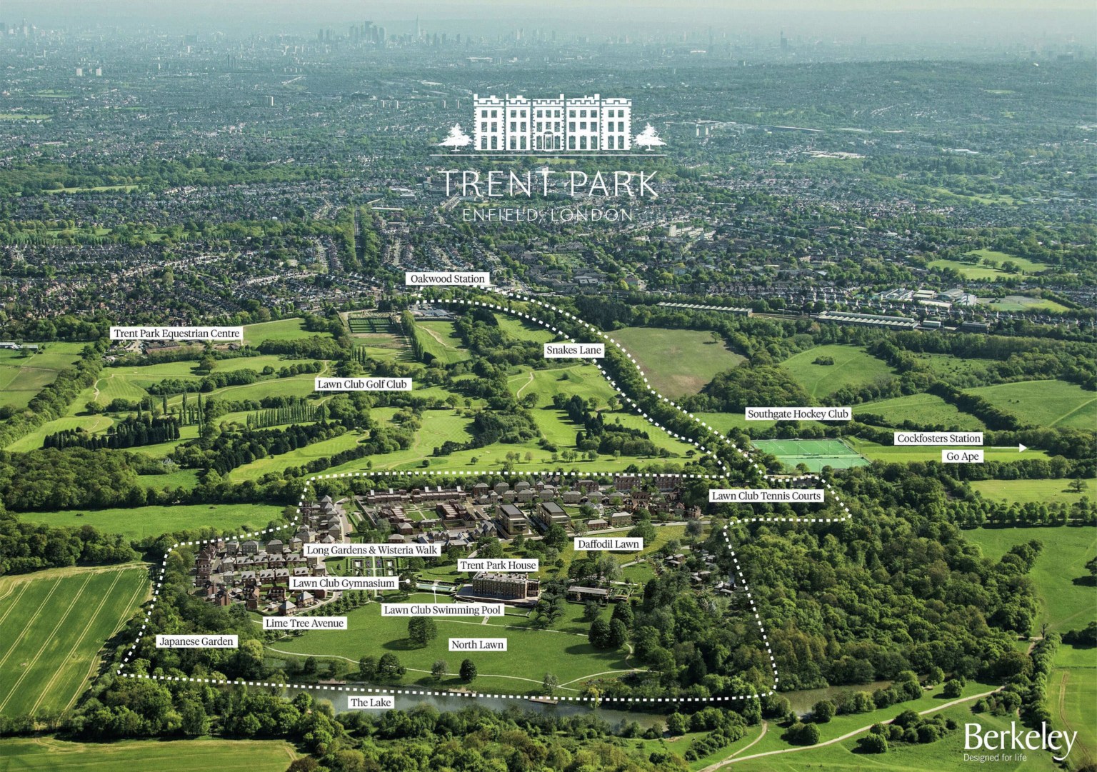 Aerial view of Trent Park, Enfield, with a map of the facilities on the estate