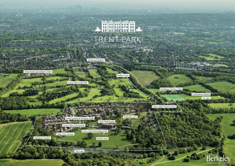Trent Park Enfield projesinin havadan görünümü ve arazi üzerindeki tesisleri gösteren harita