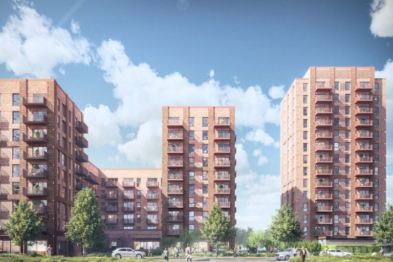 Lightmakers Sydenham projesinde balkonlu kırmızı tuğla bloklar