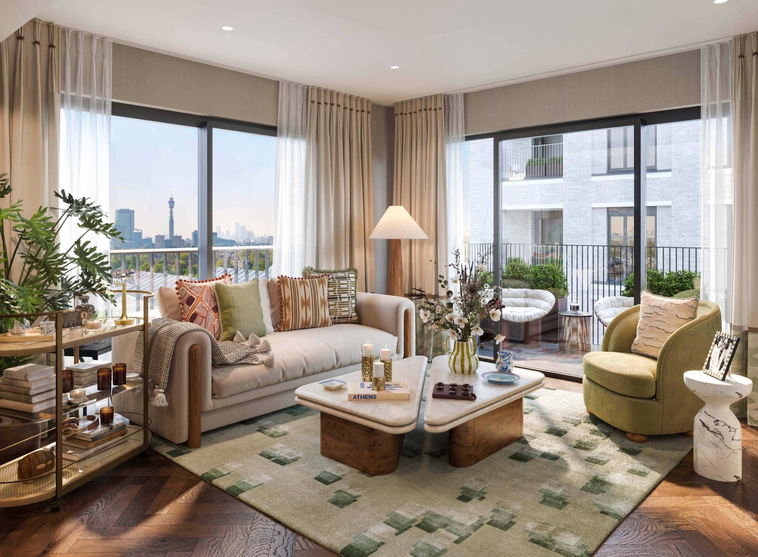 Living room inside an apartment at Camden Goods Yard, with city views