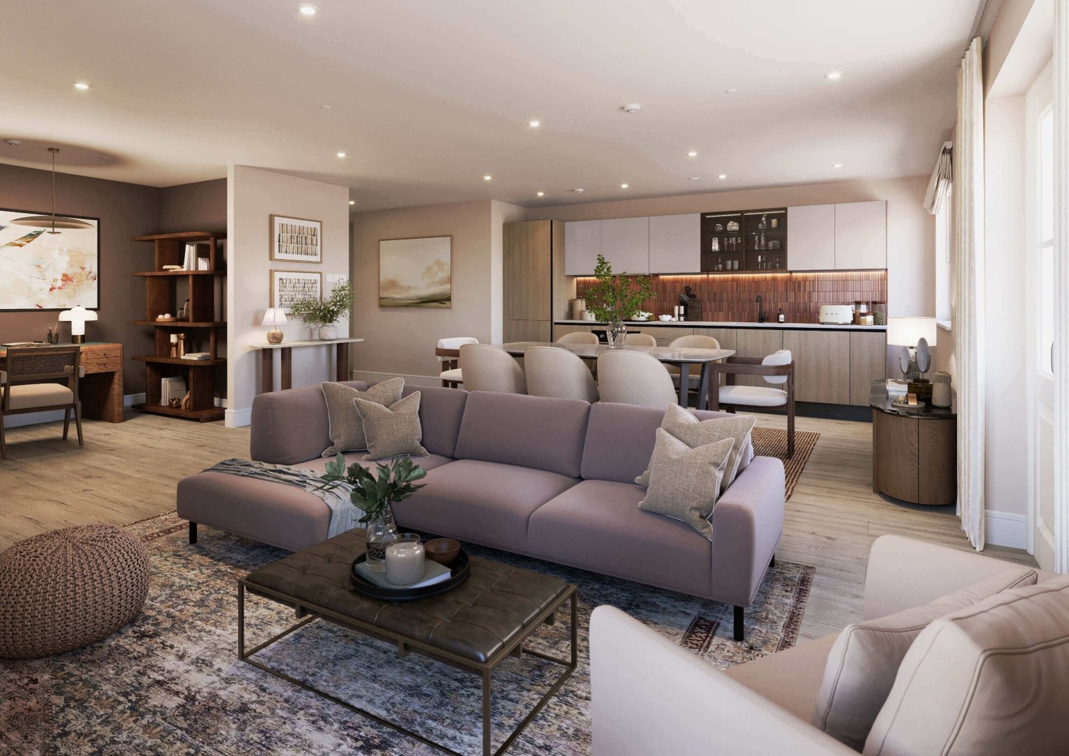 Open plan kitchen and living room inside an apartment at Reading Riverworks