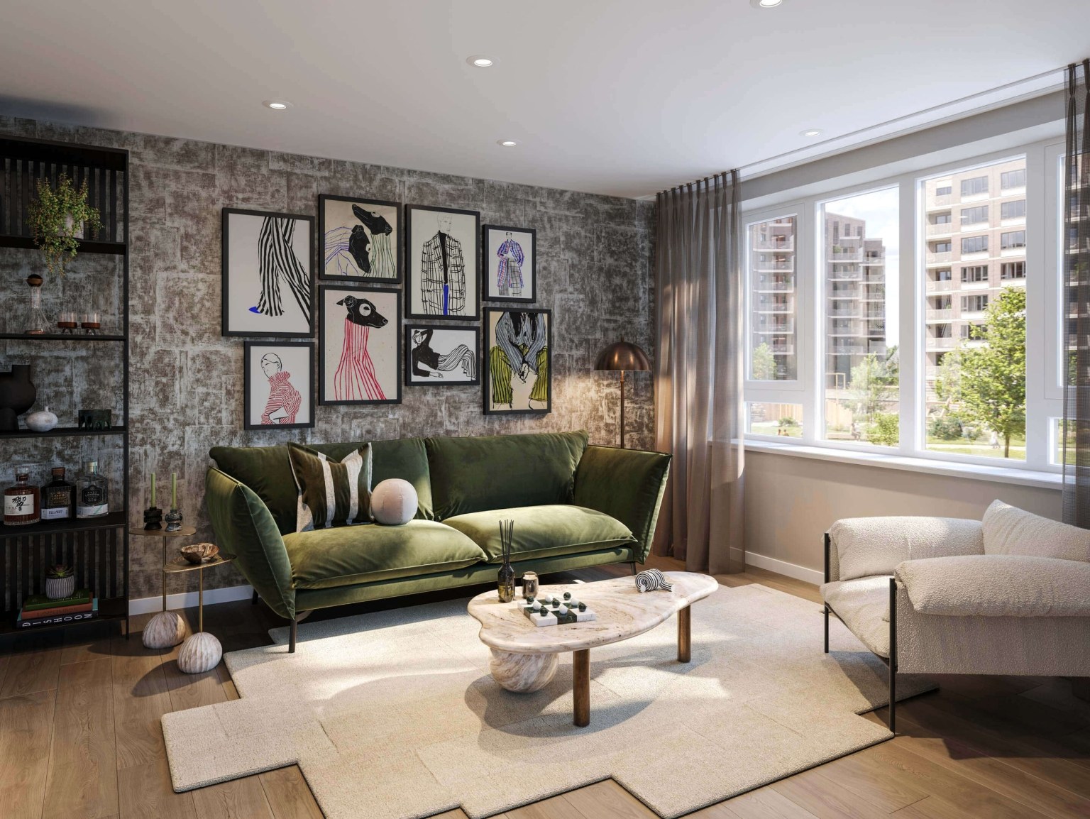 A living room with a green sofa and a gallery wall at Lombard Square, Plumstead