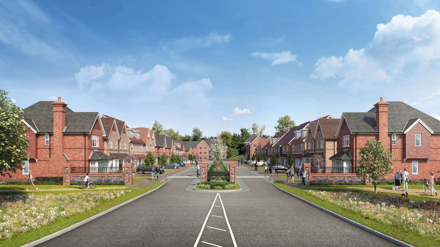 The main street lined with traditional red brick houses at Highcroft, Wallingford