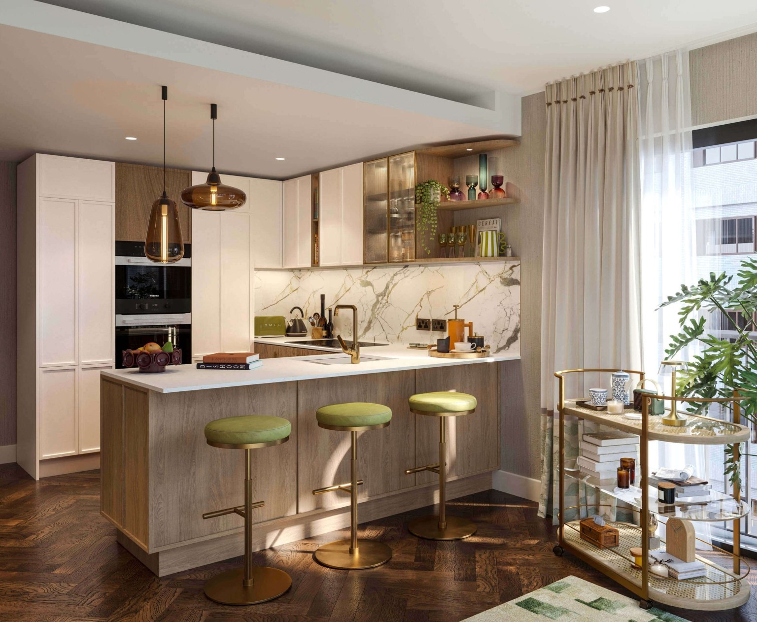 An island kitchen lined with bar stools at Camden Goods Yard