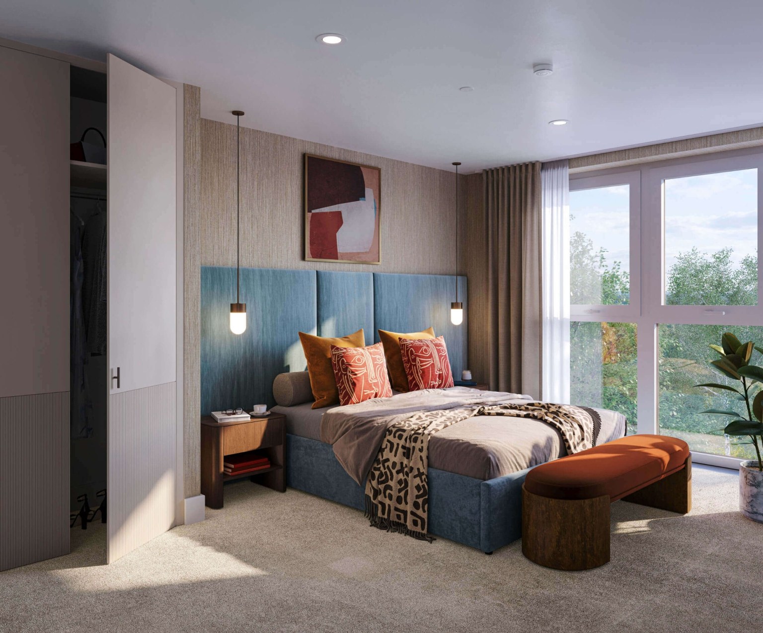 A bedroom with a wardrobe and a window onto greenery at Kidbrooke Village