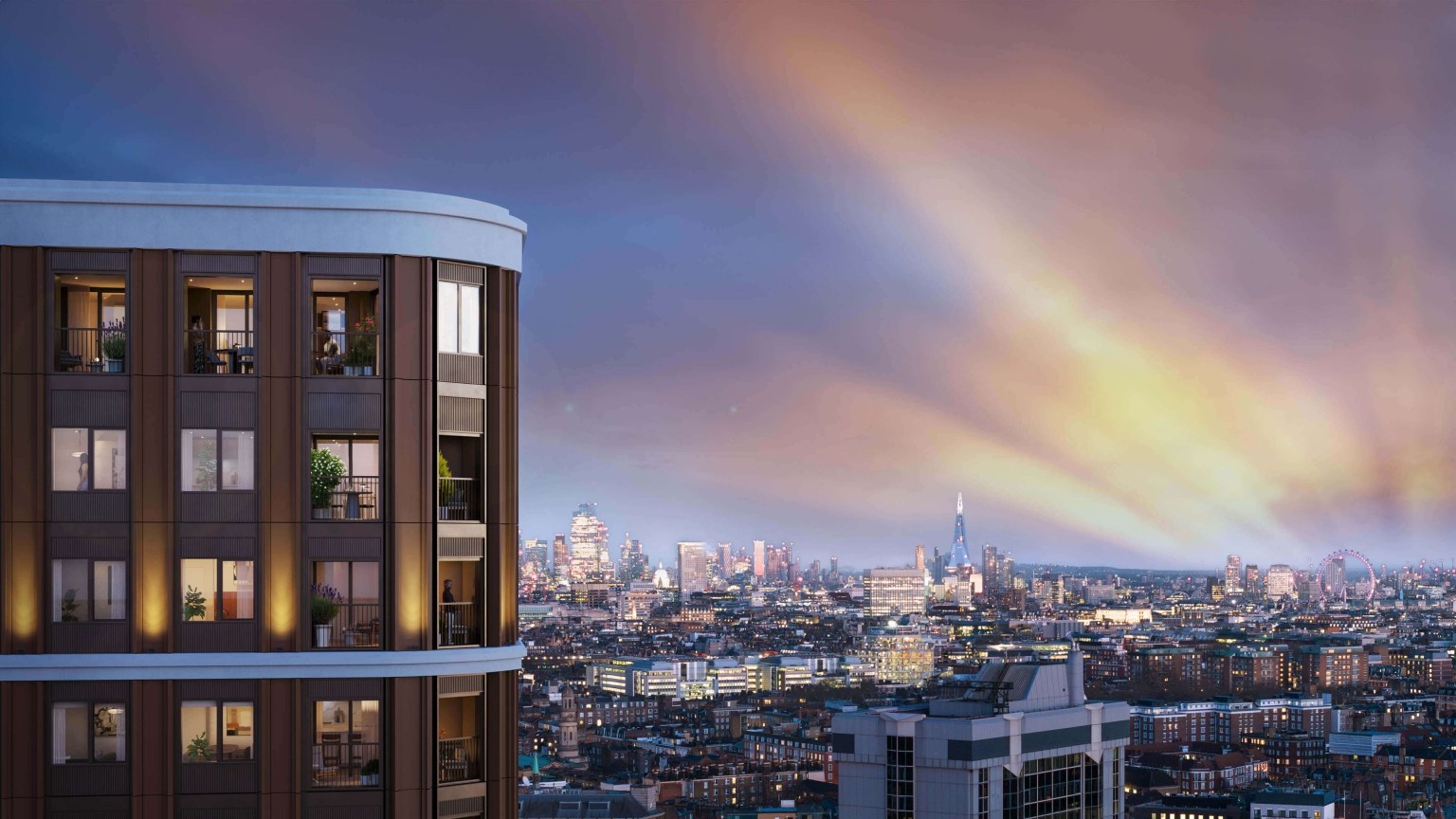 The London skyline at sunset and the tower’s balconied corner at Trillium, Paddington
