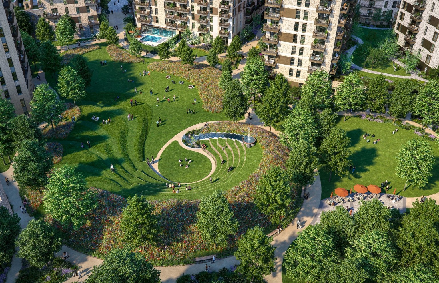 Aerial view of the central park surrounded by blocks at Bow Green