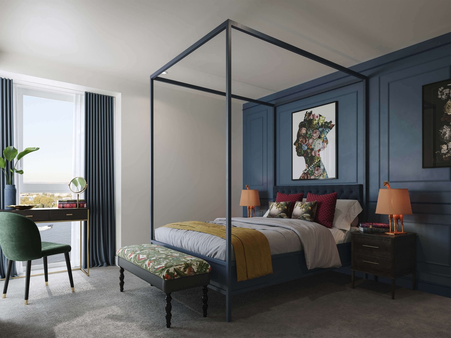 A navy bedroom with a four poster bed and river views at Royal Arsenal Riverside, Woolwich