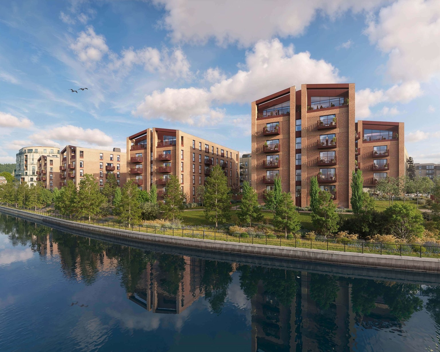 Riverside brick blocks with balconies at One Waterside, Bath