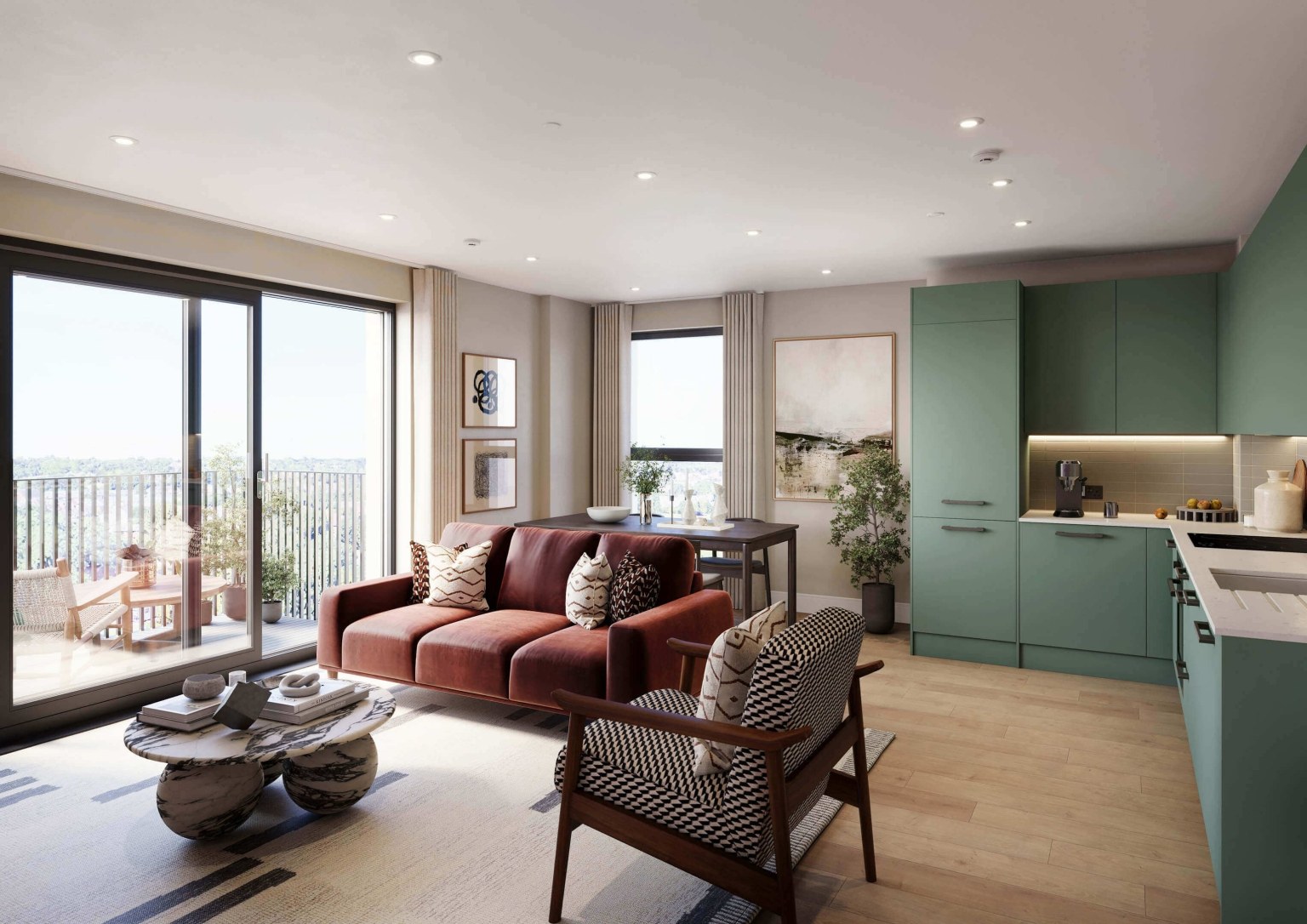 Living room and open plan kitchen inside an apartment at One Waterside