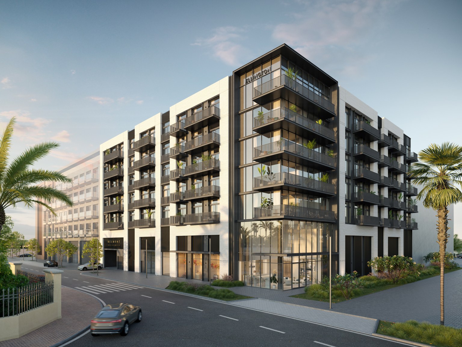 المبنى الركني بشرفاته وواجهات المحلات في الطابق الأرضي في Belmont Residences، JVT