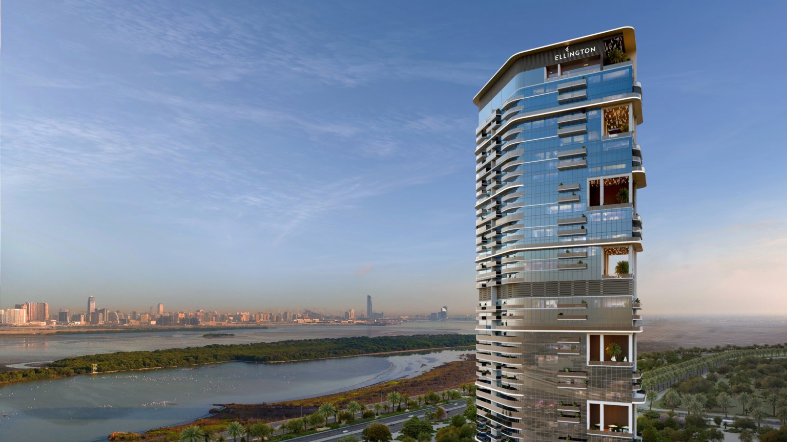 Claydon House Dubai Hills projesinde sulak alana bakan cam cepheli kule