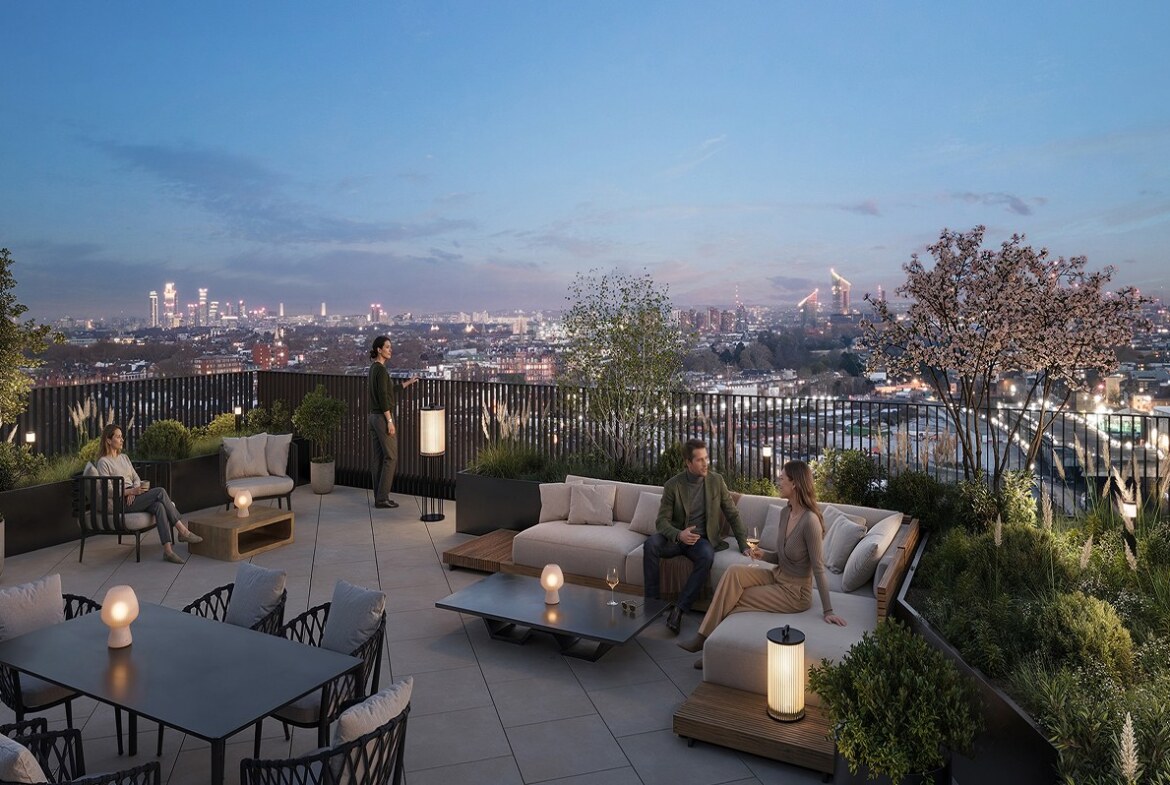 100 Kensington çatı terası ve Londra silüeti manzarası