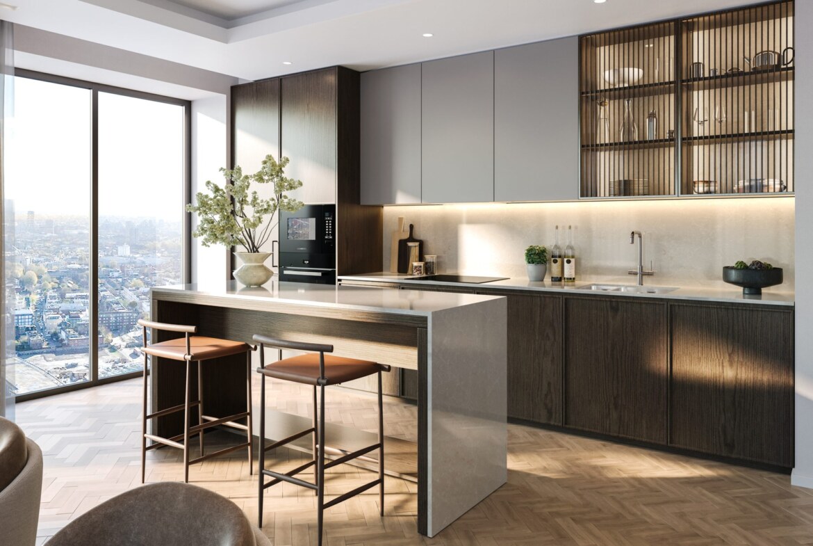 100 Kensington daire mutfağı, ada tezgah ve şehir manzarası
