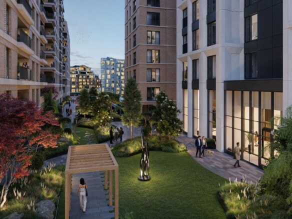 100 Kensington podyum bahçesi ve konut blokları, akşam görünümü