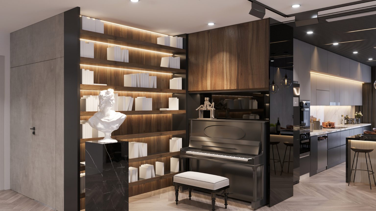 Piyanolu, açık mutfaklı modern daire içi