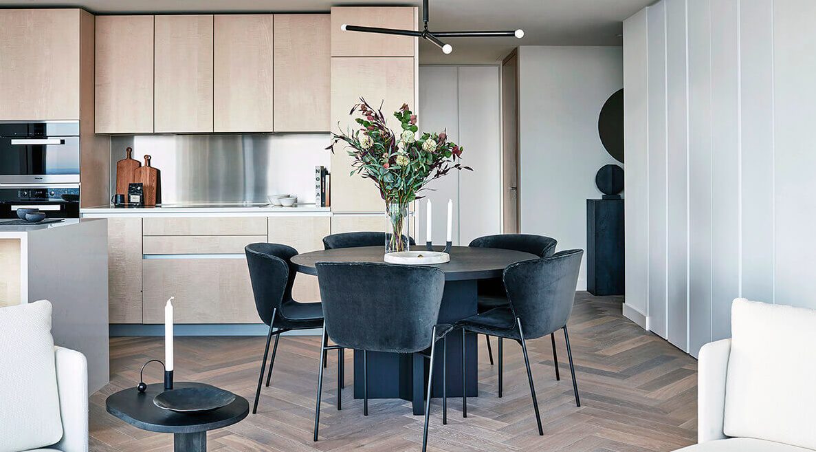 Inside an apartment at Principal Tower, with views of the City of London
