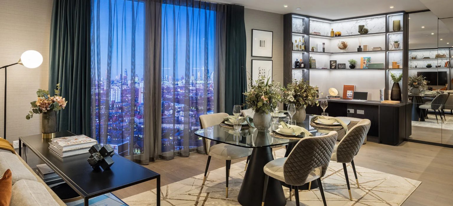 Living room inside an apartment at Oval Village, with London views