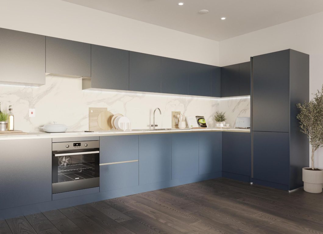 A navy kitchen with a marble effect splashback at Eastman Village, Harrow