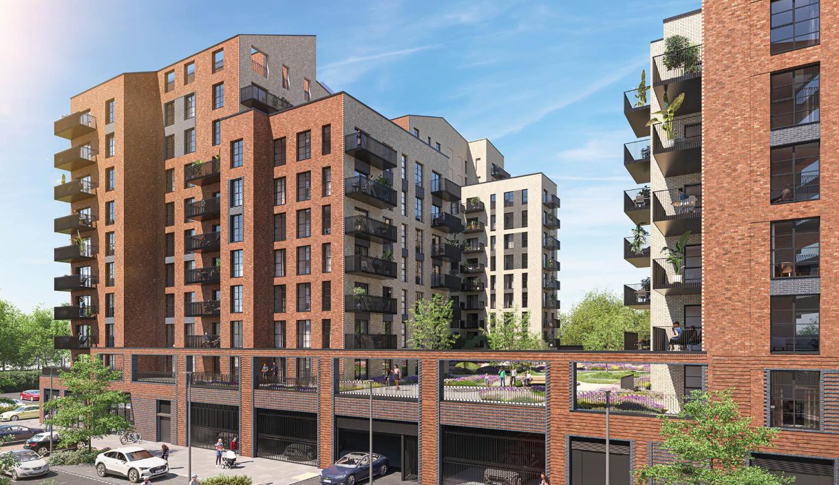 Brick blocks with balconies and ground floor shops at Sterling Place, New Malden