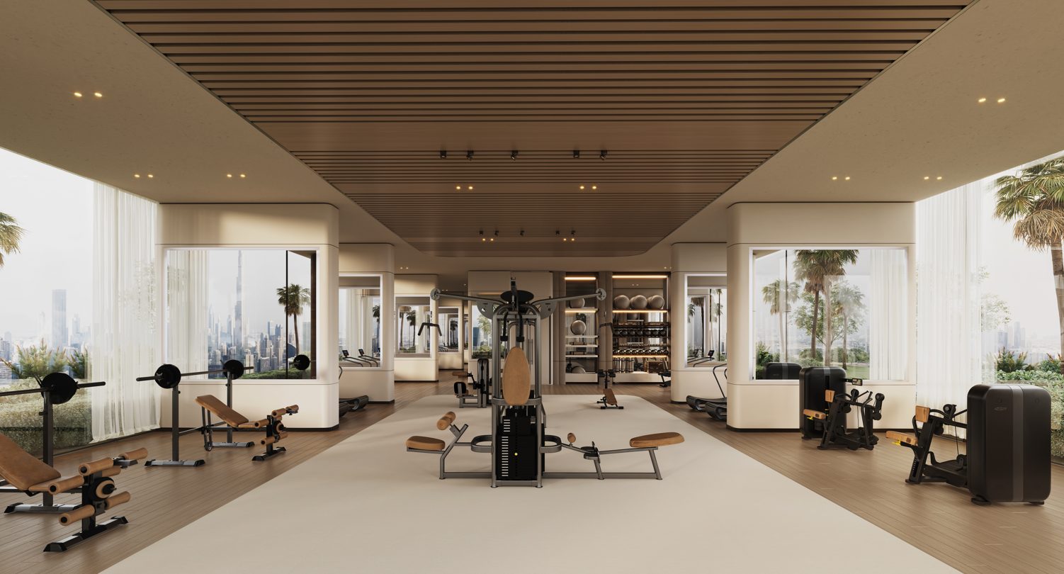 Sky Terraces by Binghatti projesinde Dubai manzaralı geniş fitness salonu