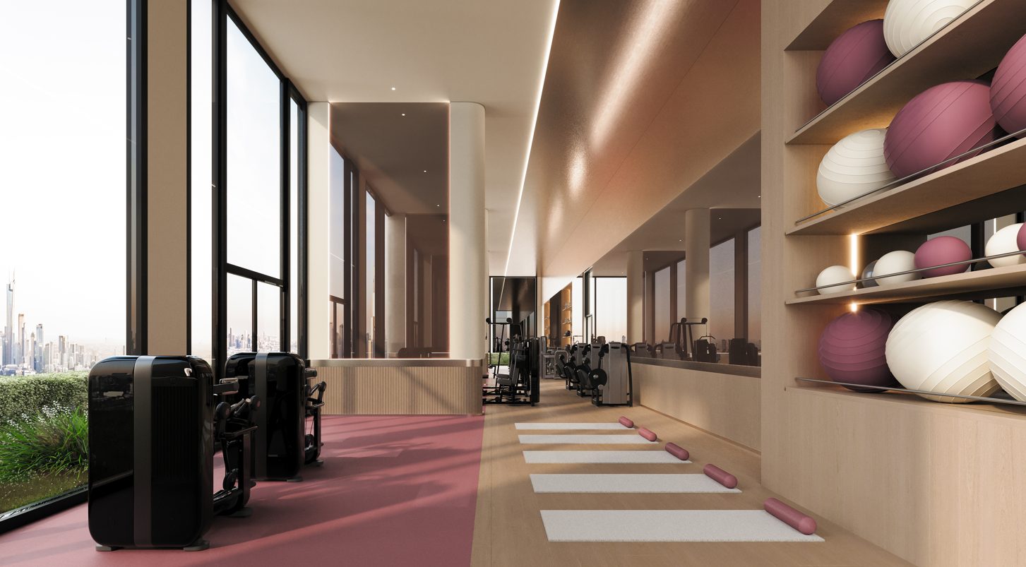 ETHEREA by Binghatti JVC projesinde pilates alanı ve şehir manzaralı fitness salonu