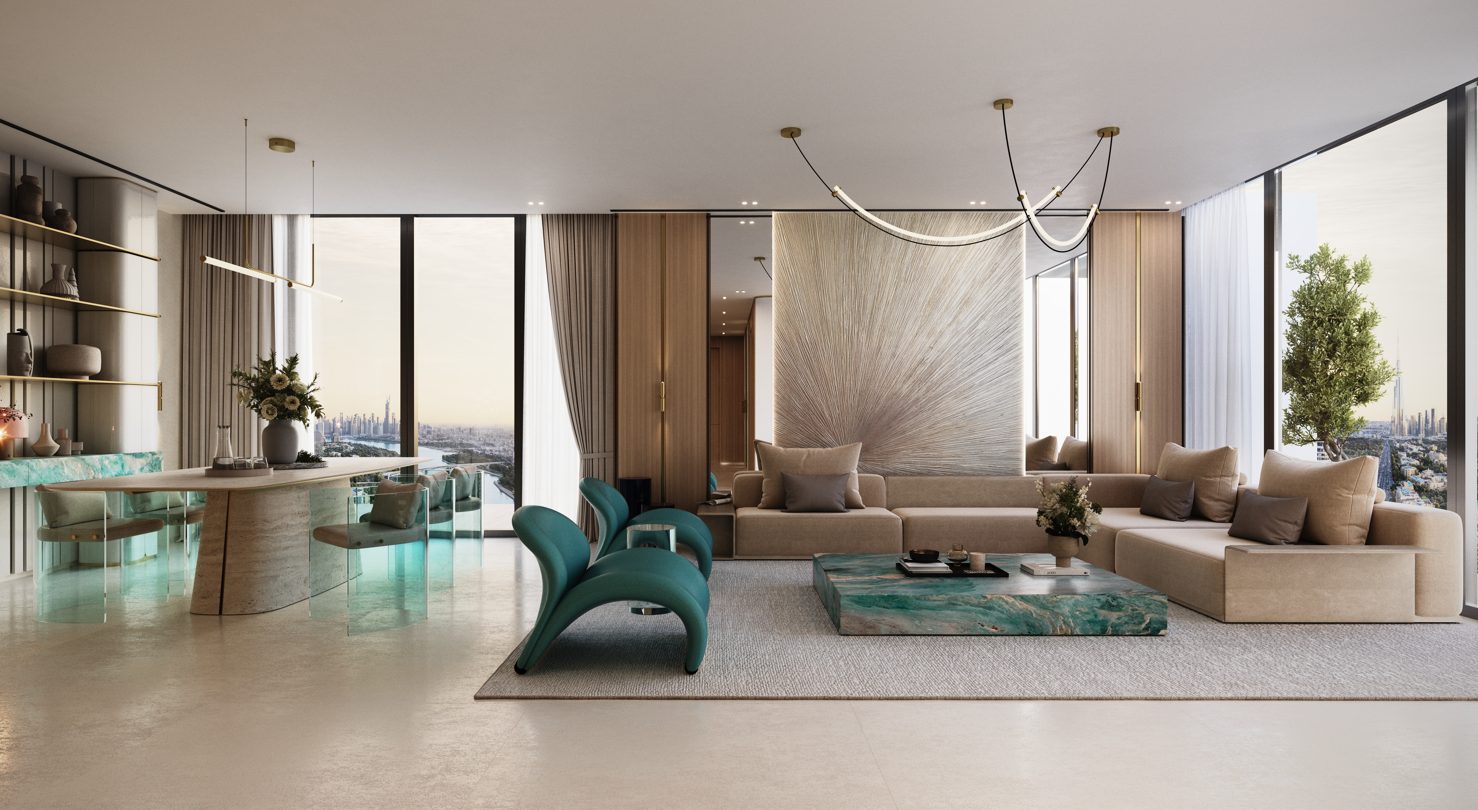 CULLINAN by Binghatti Business Bay projesinde yeşil mermer detaylı geniş salon