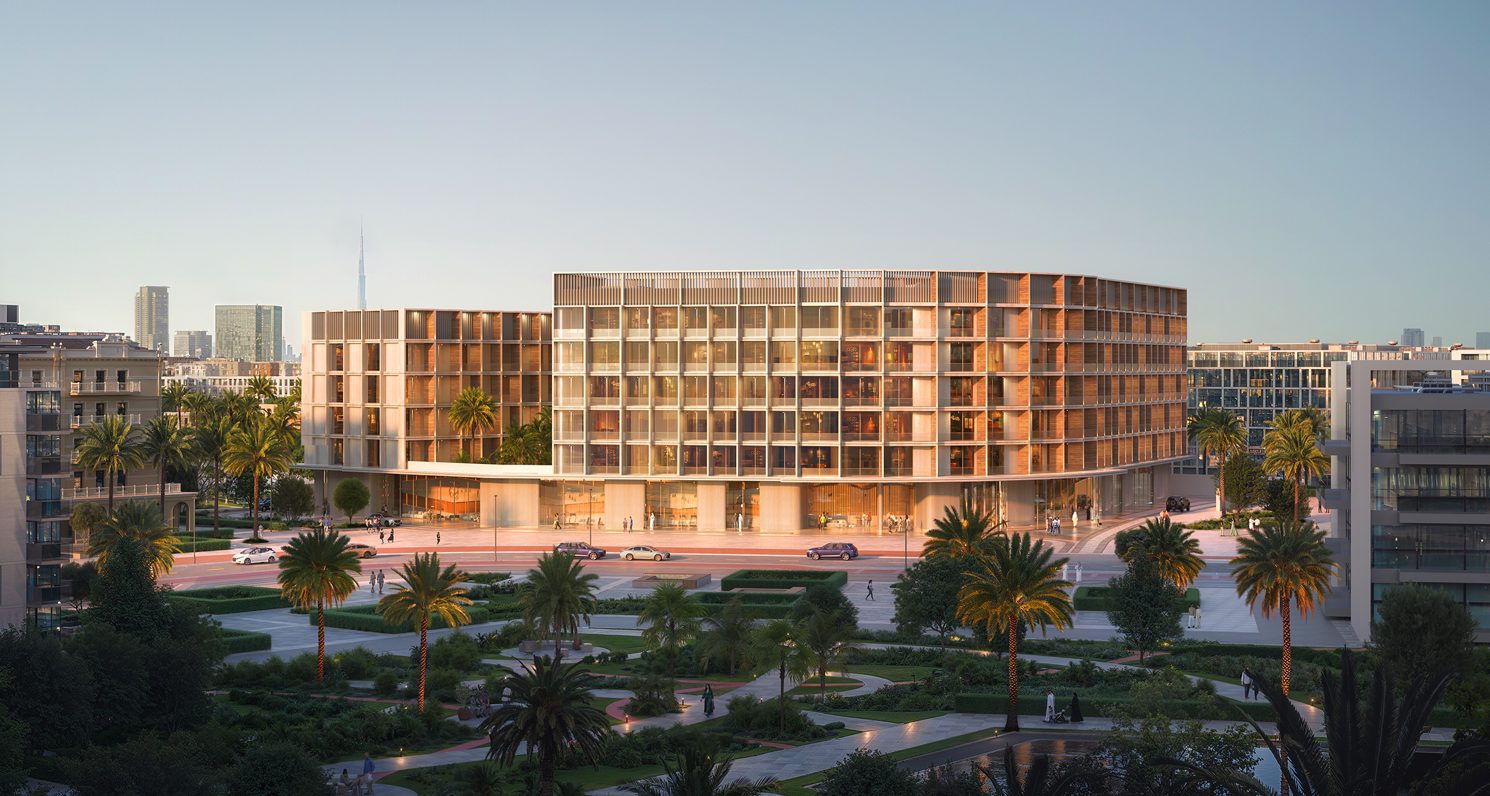 HILLCREST by Binghatti Arjan projesinde palmiyeli meydana bakan alçak katlı bina cephesi