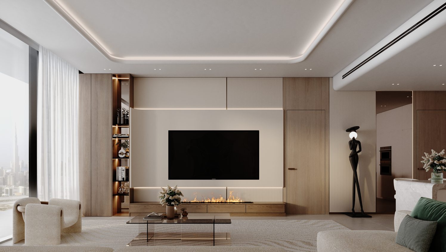 PINNACLE by Binghatti Al Furjan projesinde şömineli salon ve pencereden Burj Khalifa manzarası