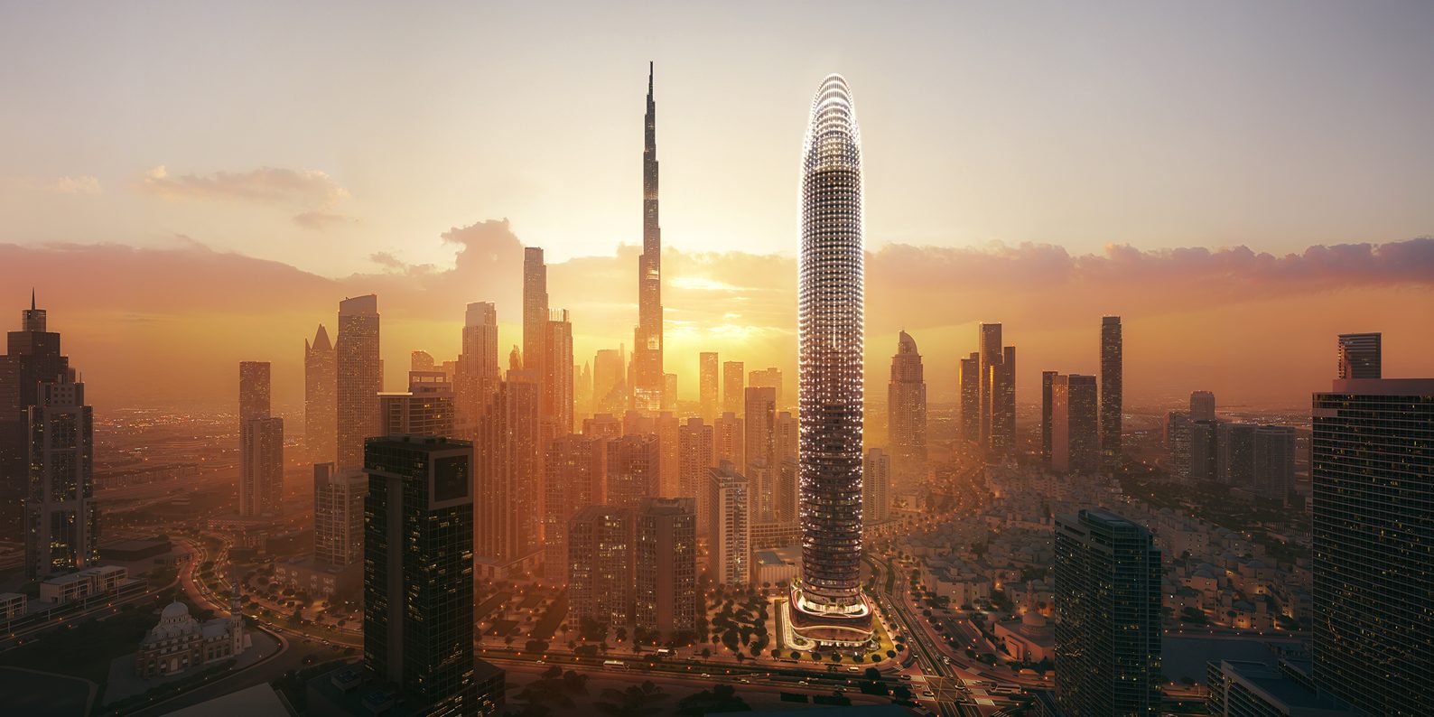 SKYBLADE by Binghatti projesinde gün batımında Burj Khalifa'nın yanında yükselen kule