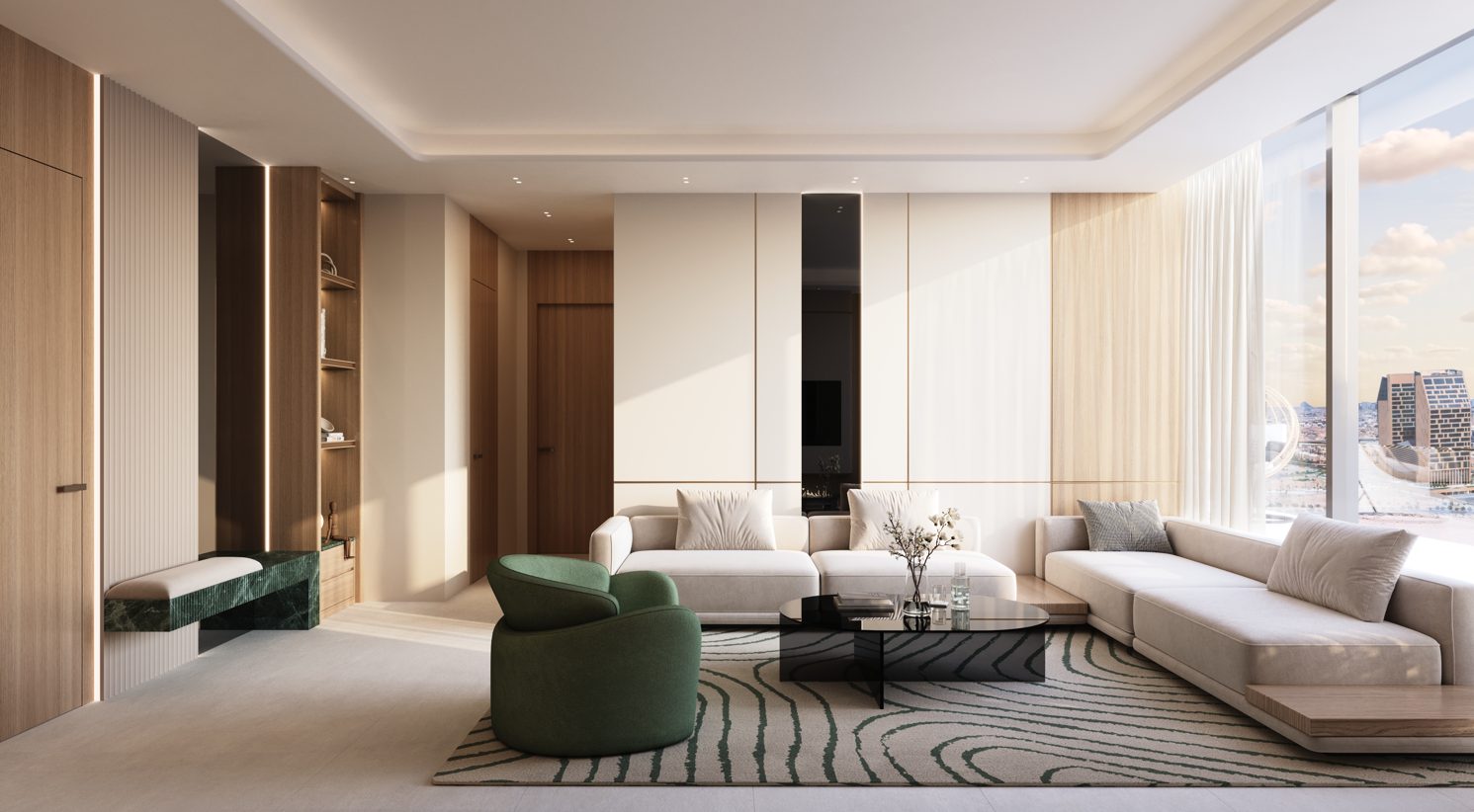 HILLSIDE by Binghatti projesinde yeşil koltuklu, cam cepheli salon
