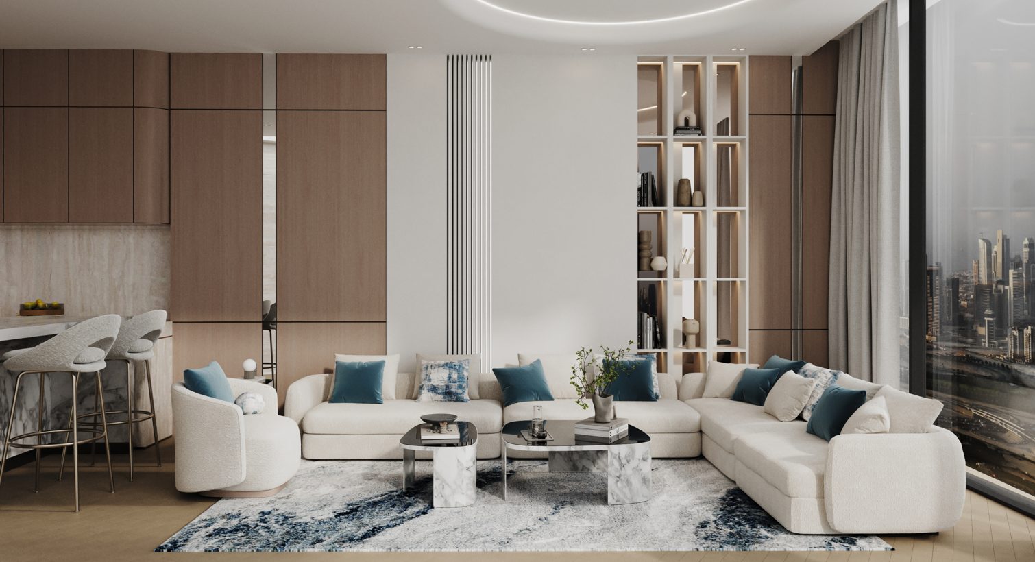 CIRCLE by Binghatti JVC projesinde açık mutfağa bağlanan salon ve şehir manzaralı cam cephe