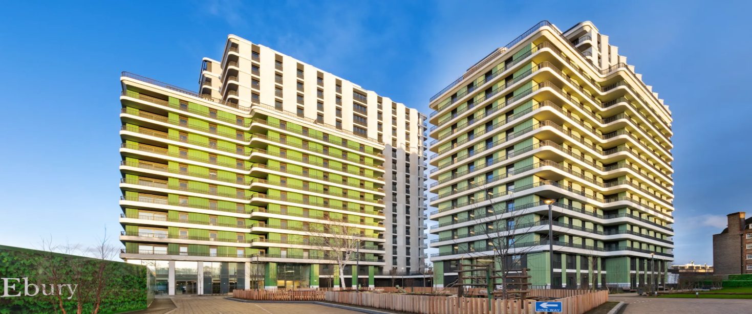 Two blocks with green and gold balconies at Ebury SW1, Westminster