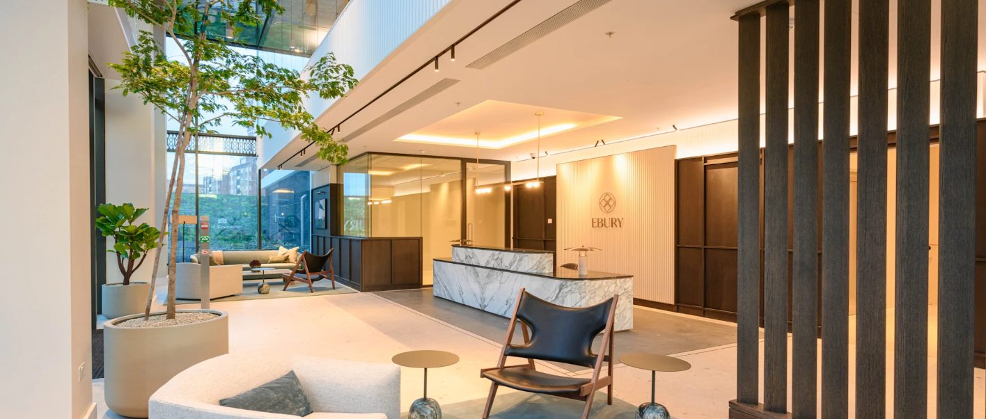 Inside an apartment at Ebury SW1, with a view of the landscaped garden
