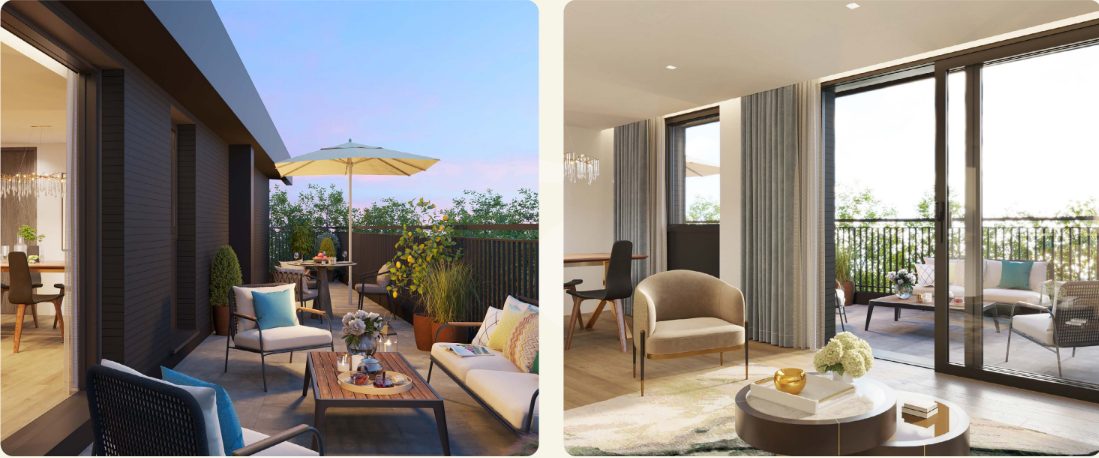 A roof terrace with parasols and a living room opening onto the balcony at Willow Court, Salford