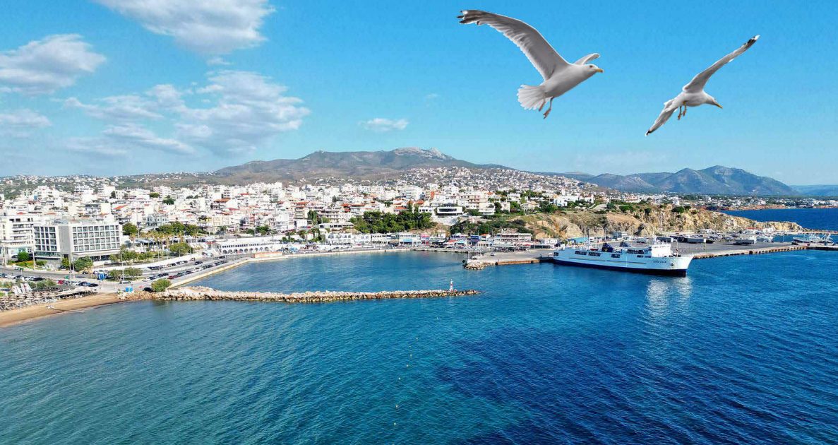 Axis Pikermi Residences projesinin çevresinde Atina sahili, liman ve martılar