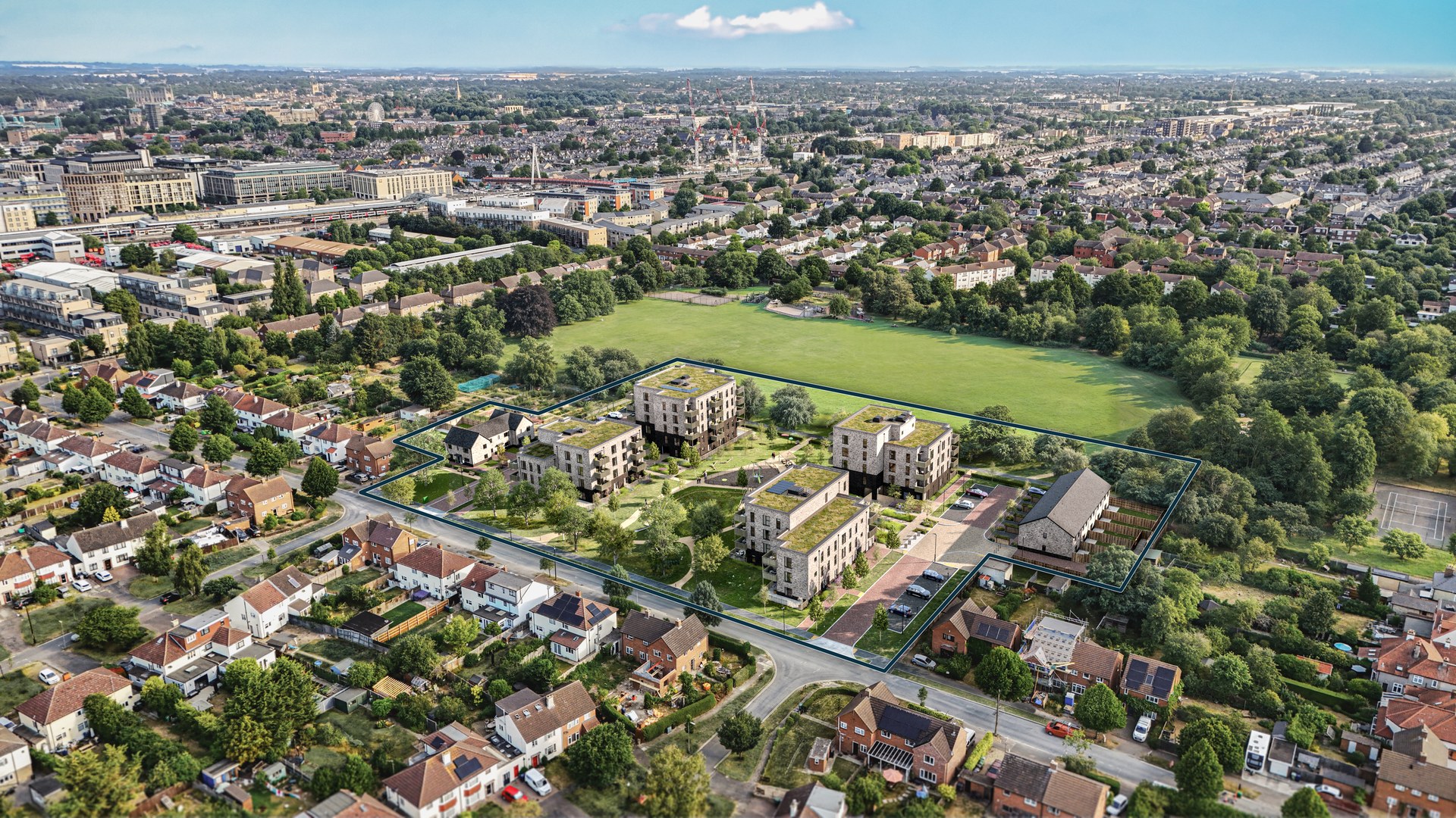 City Reach Cambridge projesi ve çevresi, havadan görünüm