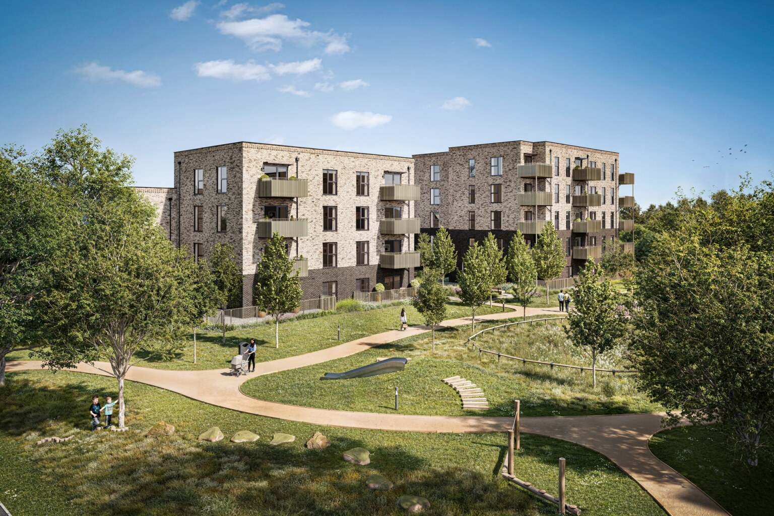City Reach Cambridge konut blokları ve peyzajlı ortak alan