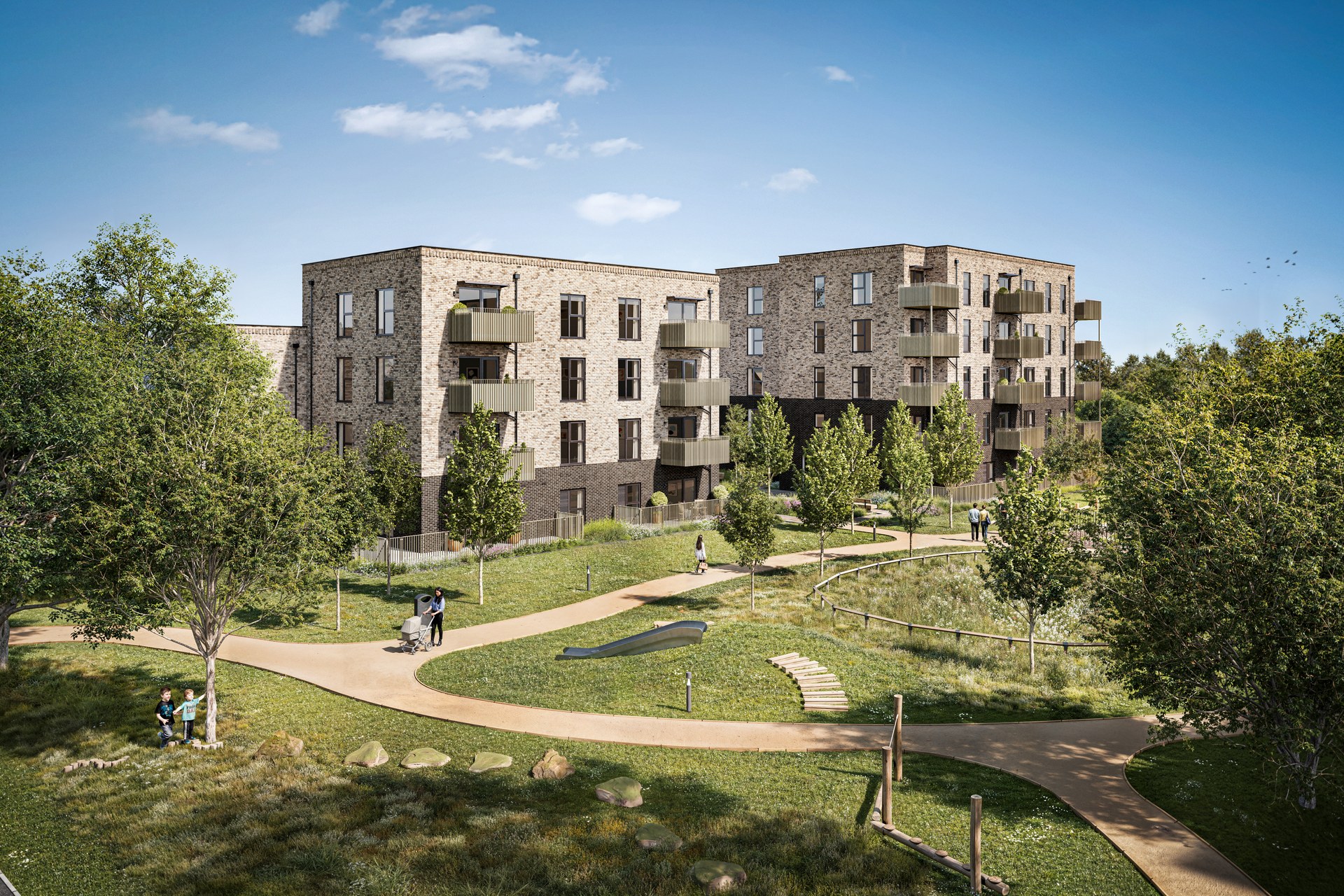 City Reach Cambridge konut blokları ve peyzajlı ortak alan