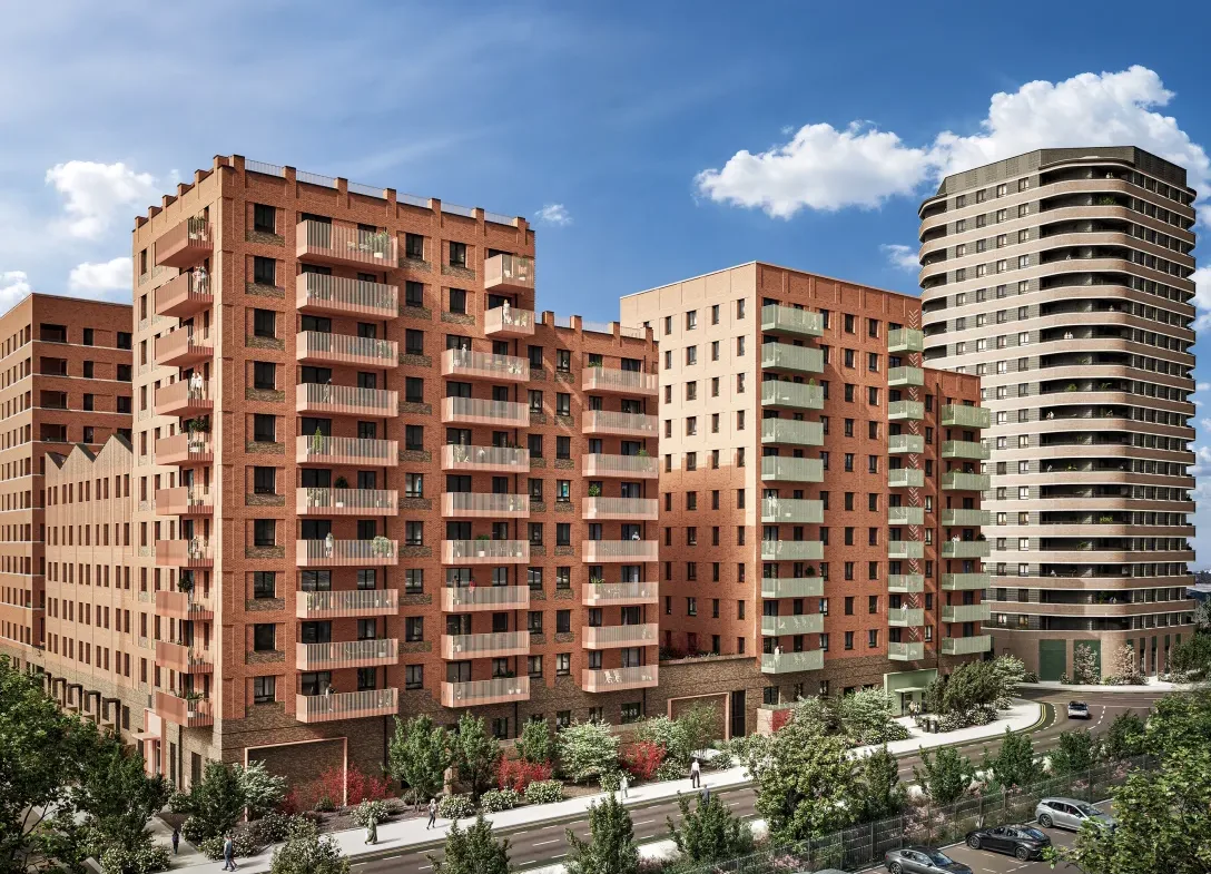 Dagenham Green’de kırmızı tuğlalı blokların balkonlu cepheleri ve önündeki bulvar, mimari görselleştirme