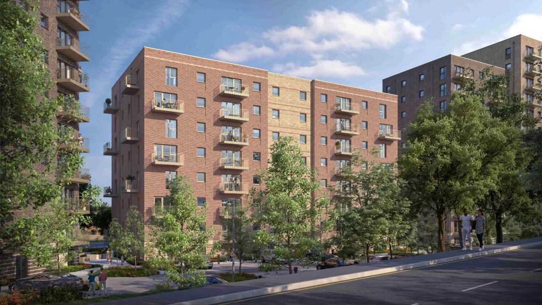 Nexus Stevenage projesinde blokların sokaktan görünümü, mimari görselleştirme