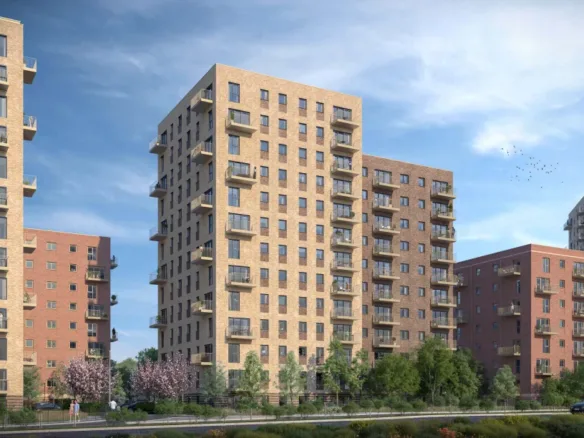 Nexus Stevenage’da açık ve koyu tuğlalı balkonlu blokların dış cephesi, mimari görselleştirme