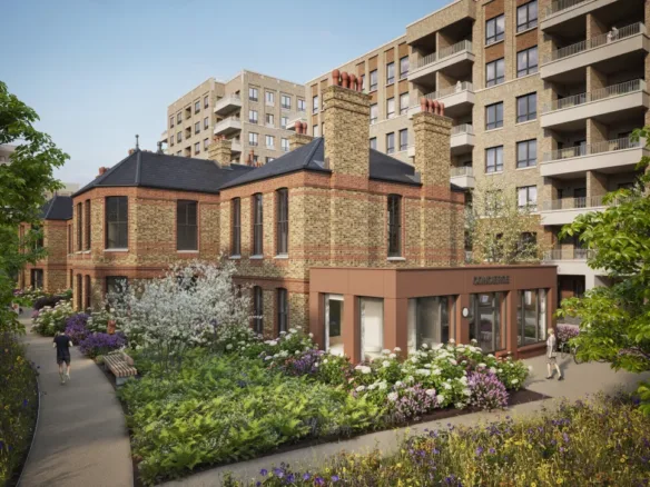 North Gate Park’ta korunan tuğla binadaki concierge girişi ve önündeki çiçekli bahçe, mimari görselleştirme
