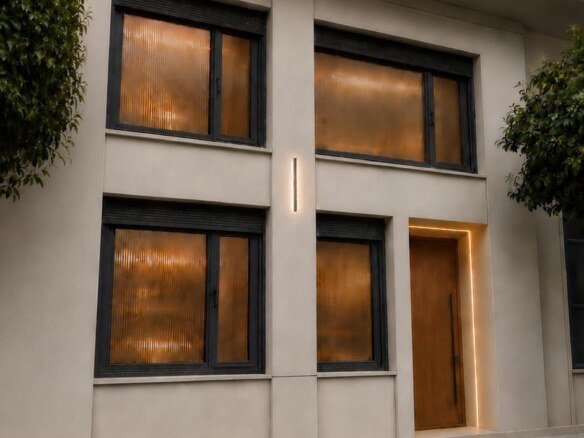 Royal Piraeus Maisonettes binasının akşam saatlerinde sokak cephesi