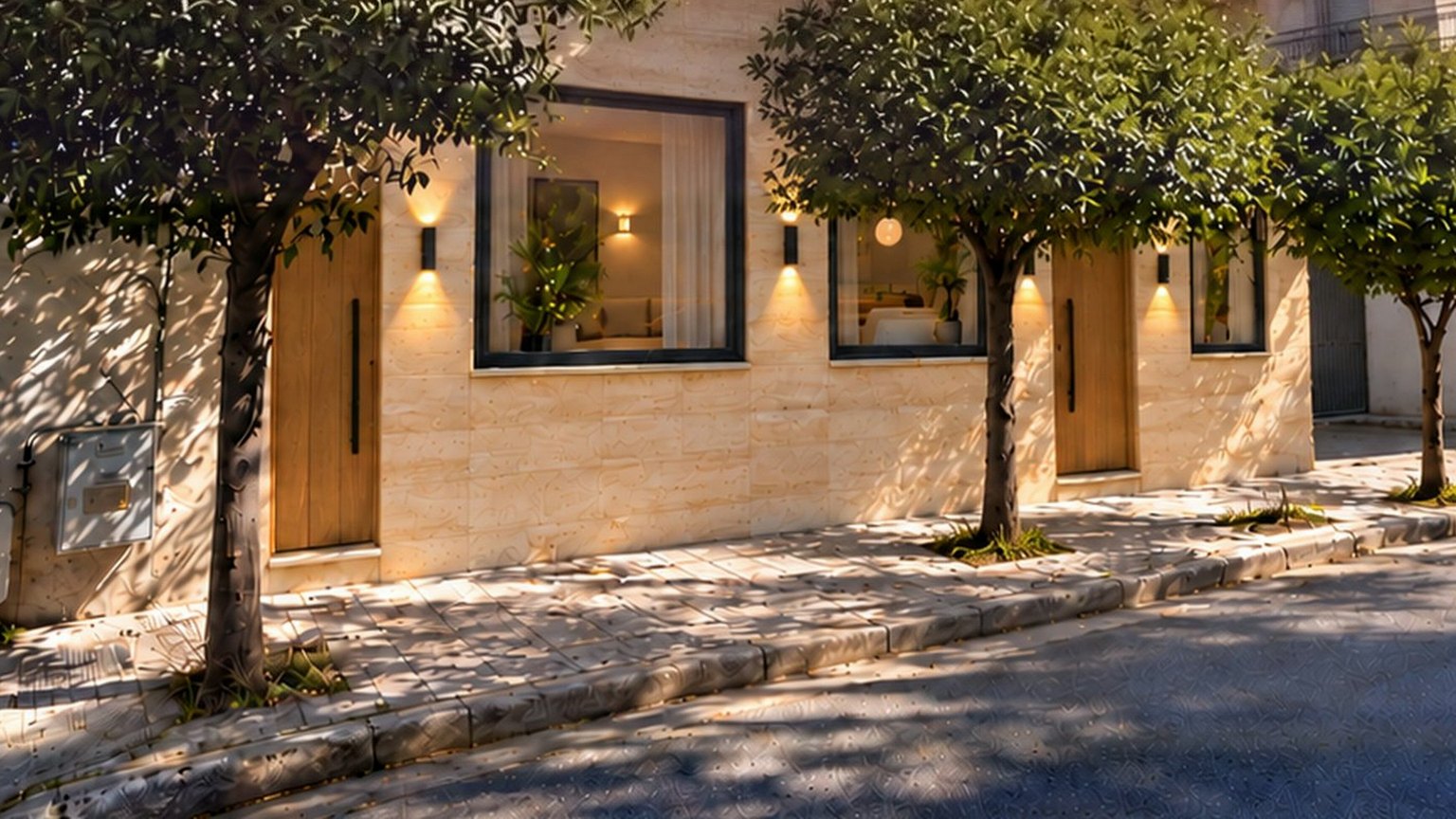 Royal E5 Residences, Atina Agios Dimitrios travertin dış cephe ve portakal ağaçları
